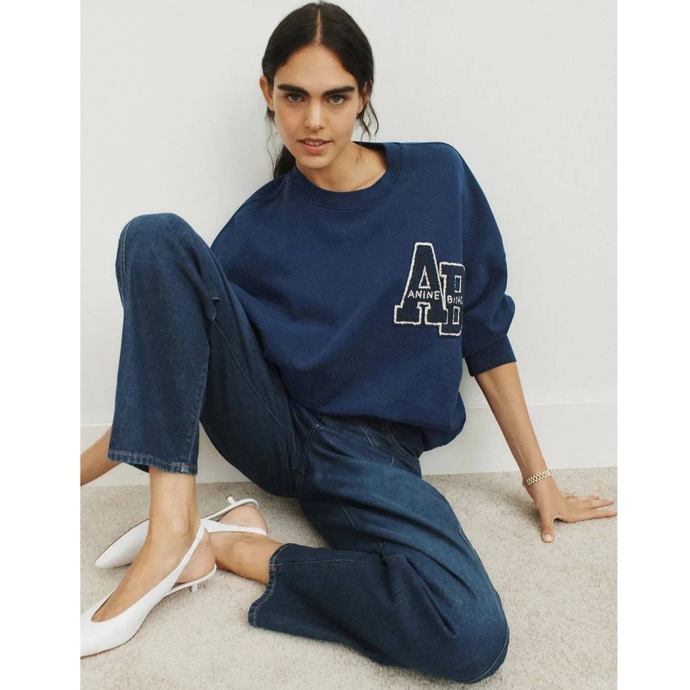 Anine Bing Miles Sweatshirt Navy Blue Chenille AB Patch Varsity Womens Sz S - Picture 2 of 10